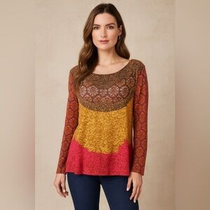 Sundance long sleeve color block T shirt size small semi sheer bohemian fall